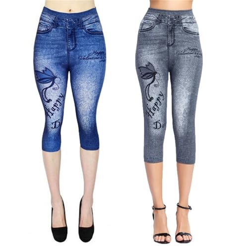 Gellmall 2er Pack Damen 3/4 Jeansoptik Leggings High Waist Jeggings Treggings Elastic Jeans Frauen 3/4 Skinny Stretch Hosen XS von Gellmall