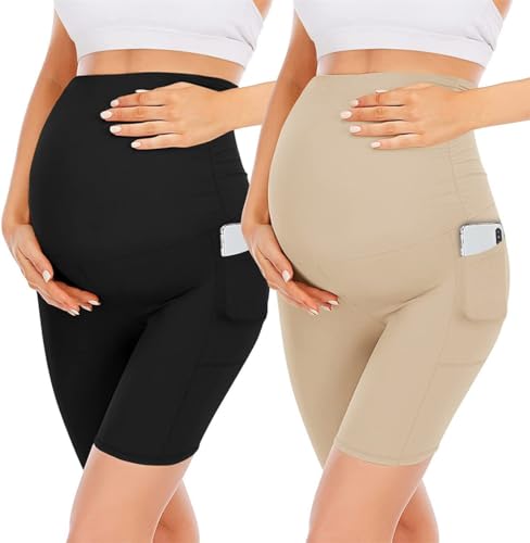 Gellmall 2er Pack Kurze Umstandsleggings mit Taschen High Waist Umstandshose Schwangerschaftsleggings Blickdichte Elastisch Leggins für Yoga Zuhause L von Gellmall