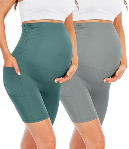 Gellmall 2er Pack Kurze Umstandsleggings mit Taschen High Waist Umstandshose Schwangerschaftsleggings Blickdichte Elastisch Leggins für Yoga Zuhause M von Gellmall