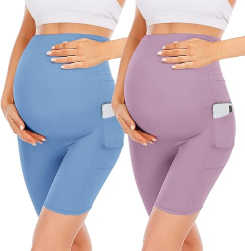 Gellmall 2er Pack Kurze Umstandsleggings mit Taschen High Waist Umstandshose Schwangerschaftsleggings Blickdichte Elastisch Leggins für Yoga Zuhause XL von Gellmall