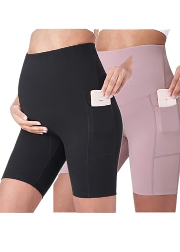Gellmall 2er Pack Kurze Umstandsleggings mit Taschen High Waist Umstandshose Schwangerschaftsleggings Elastisch Blickdichte Leggins für Yoga Zuhause M von Gellmall