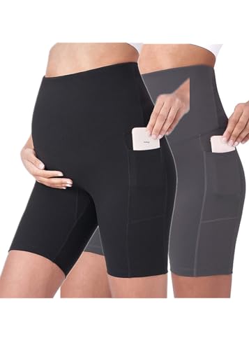 Gellmall 2er Pack Kurze Umstandsleggings mit Taschen High Waist Umstandshose Schwangerschaftsleggings Elastisch Blickdichte Leggins für Yoga Zuhause M von Gellmall