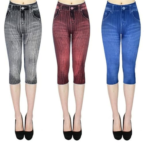 Gellmall 3er Pack Damen 3/4 Jeansoptik Leggings High Waist Jeggings Treggings Elastic Jeans Frauen 3/4 Skinny Stretch Hosen XL von Gellmall