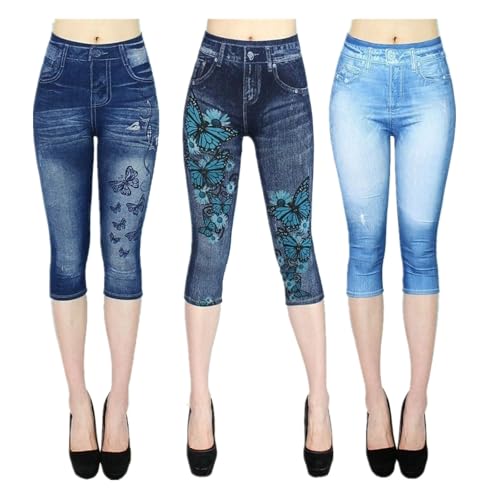 Gellmall 3er Pack Damen 3/4 Jeansoptik Leggings High Waist Jeggings Treggings Elastic Jeans Frauen 3/4 Skinny Stretch Hosen XL von Gellmall