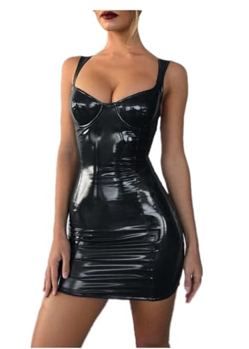 Gellmall Damen Clubwear PU Lederkleider Lackleder Wetlook Träger Bodycon Erotische Partykleid Frauen Rückenfrei Schlinge Ärmellos MiniKleid XL von Gellmall