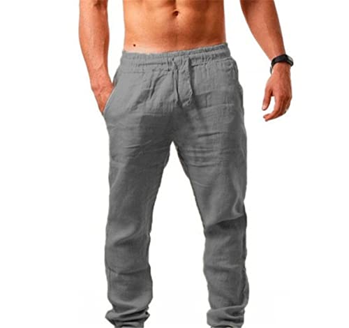 Gellmall Herren-Hose, Baumwolle, Leinen, Sommer, lässig, mit Taschen, Kordelzug, lockere Hose, Strand, leicht, atmungsaktiv, S-5XL, grau, 5X-Large von Gellmall