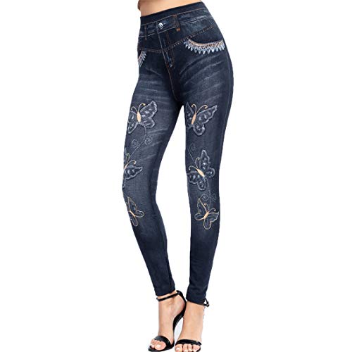 wxiaomai Damen Jeansoptik Leggings Oversize Jeggings Blumen Treggings Elastic Jeans High Waist Skinny Hosen Strumphose Weich Bequem Lange Tights L von Gellmall