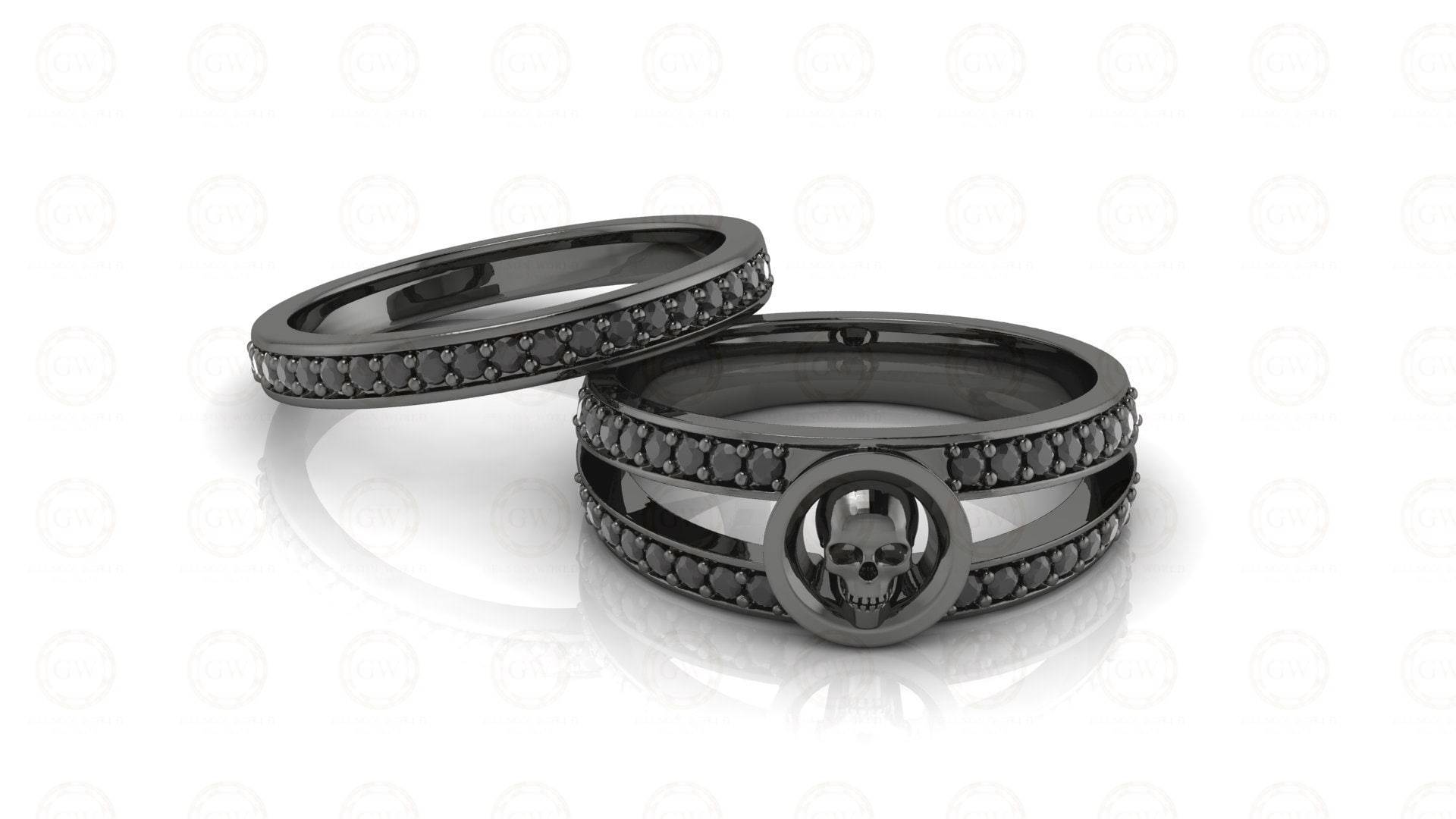 0.45 Ct Einzigartiger Schwarzer Gothic Halo Brautschädel Verlobungsring, Passender Totenkopf Eheringe, Sterling Silber, Halb Eternity Band von GelsonWorld