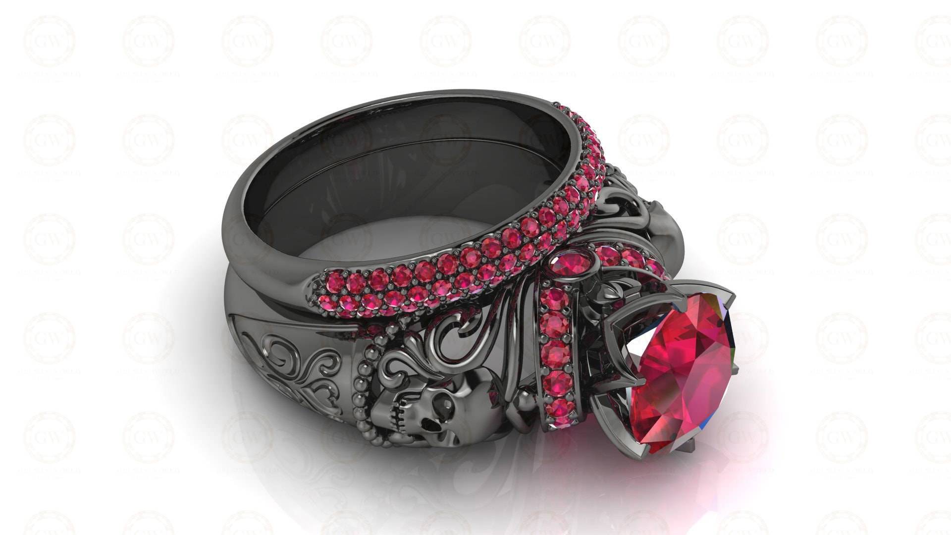 2.15 Ct Gothic Totenkopf Rund Floral Vintage Verlobungsring Set, Geburtsstein Juli Rubin Edelstein Ring, Passendes Band, Ring Set Für Frauen von GelsonWorld