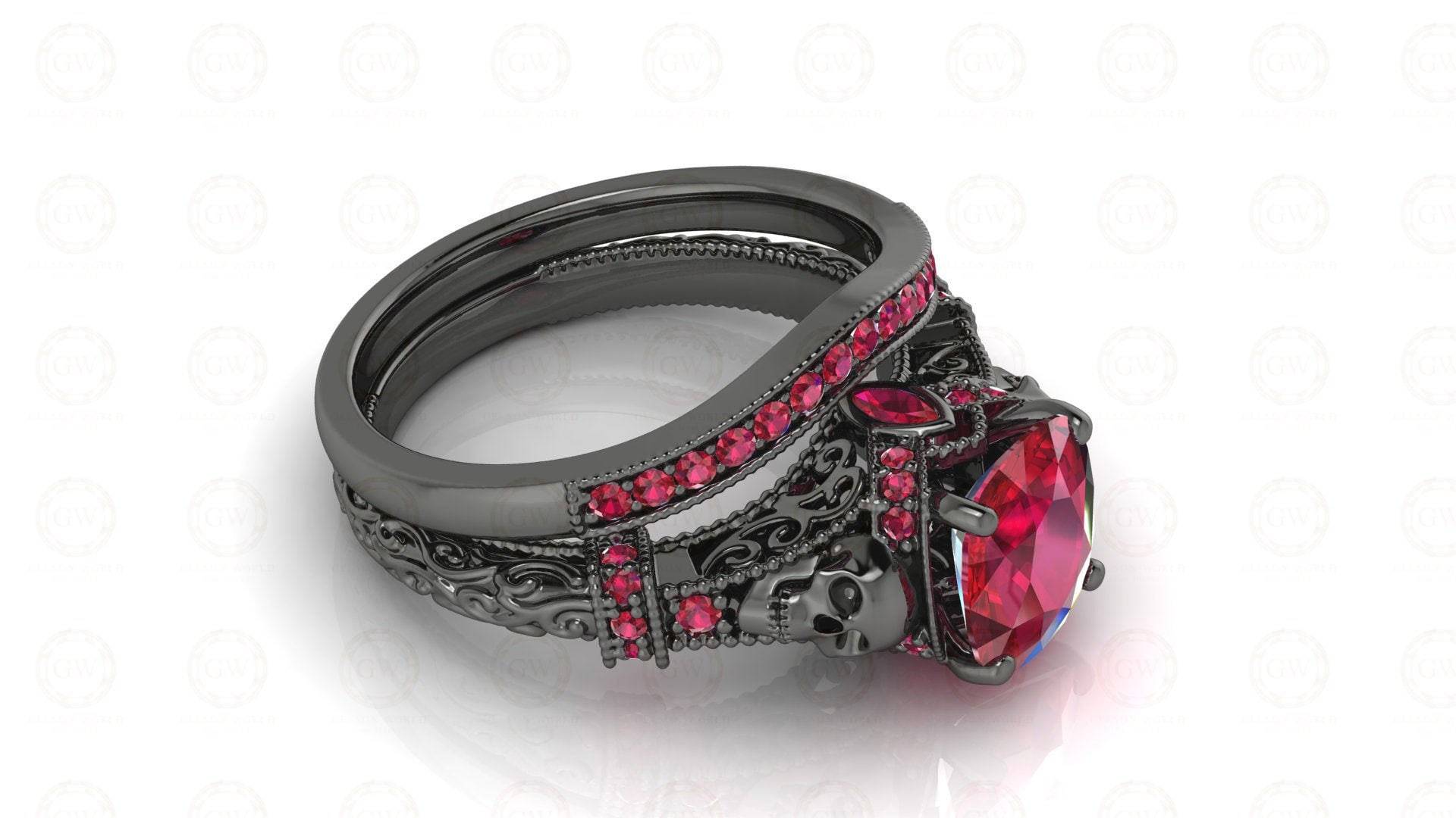 2.40 Ct Einzigartige Gothic Totenkopf Kissen Geschnitten Floral Vintage Braut Verlobungsring Set, Geburtsstein Juli Rubin Edelstein Frauen Ring von GelsonWorld