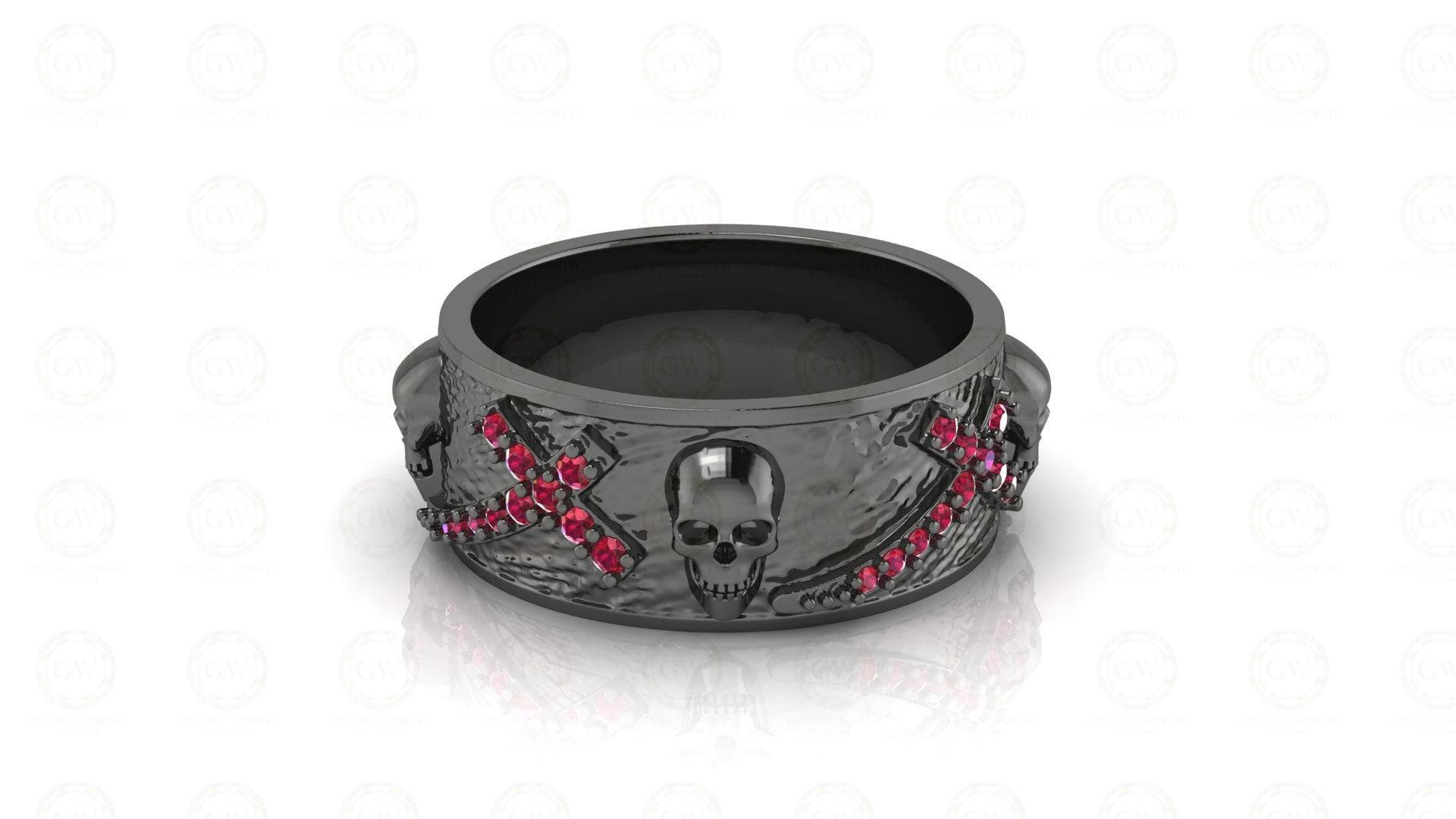 8 Mm Breite Einzigartiger Kreuz Herren Gothic Totenkopf Ehering, Punk Style Biker Ring, Birthstone Juli Rubin Edelstein 925 Sterling Silber von GelsonWorld