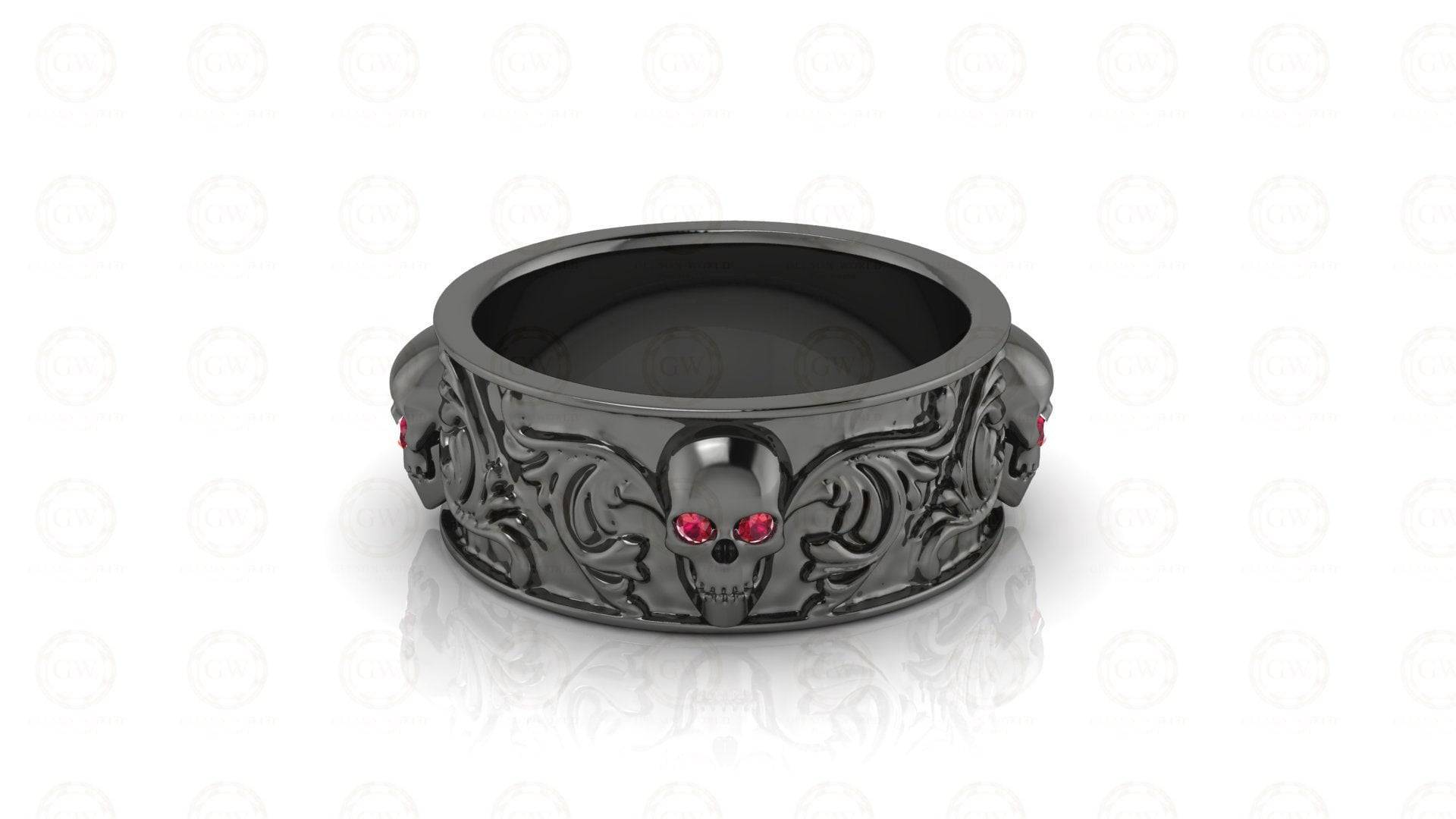 8 Mm Breiter Natur Inspirierter Einzigartiger Gothic Totenkopf Ehering, Geburtsstein Ring, Juli Rubin Edelstein Versprechensring, Silber Eternity von GelsonWorld