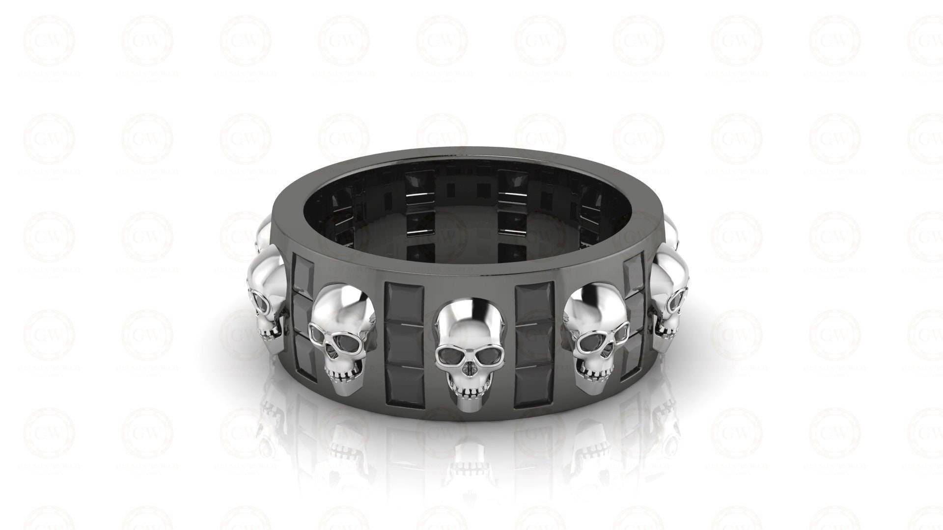 8 Mm Breites Einzigartiges Gothic Totenkopf Ehering, Full Eternity Ring, Simulierter Diamant, Sterling Silber, Jubiläumsring, Band Für Männer & von GelsonWorld