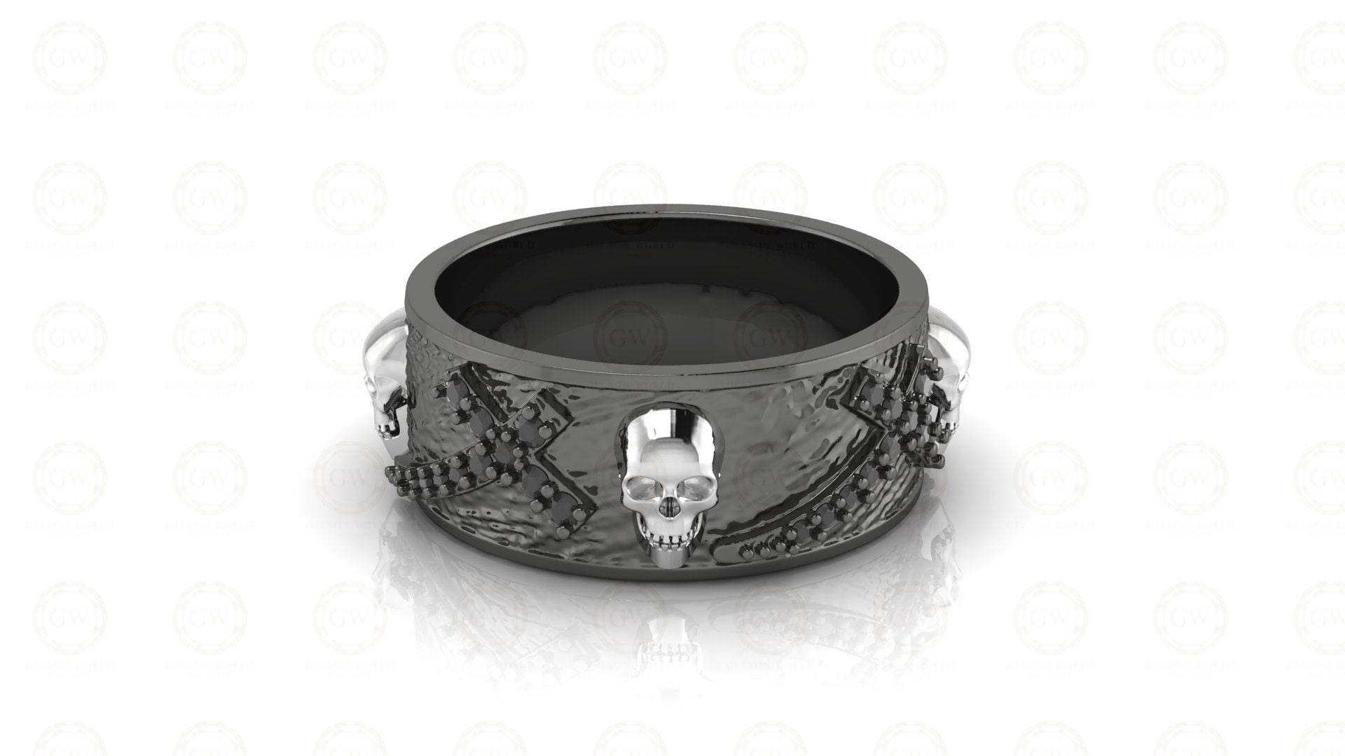 8 Mm Breites Kreuz Herren Gothic Totenkopf Ehering, Punk Style Biker Ring, Schwarz Cz Sterling Silber, Jubiläumsring, Eternity Band von GelsonWorld