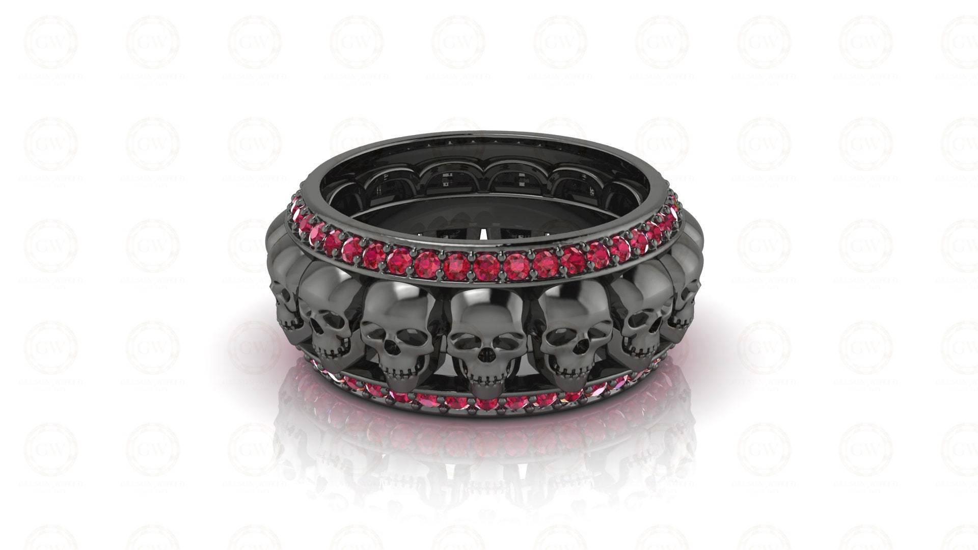 9 Mm Breiter Gothic Totenkopf Ehering, Geburtsstein Ring, Juli Rubin Edelstein Full Eternity Band Für Männer & Frauen, Sterling Silber von GelsonWorld