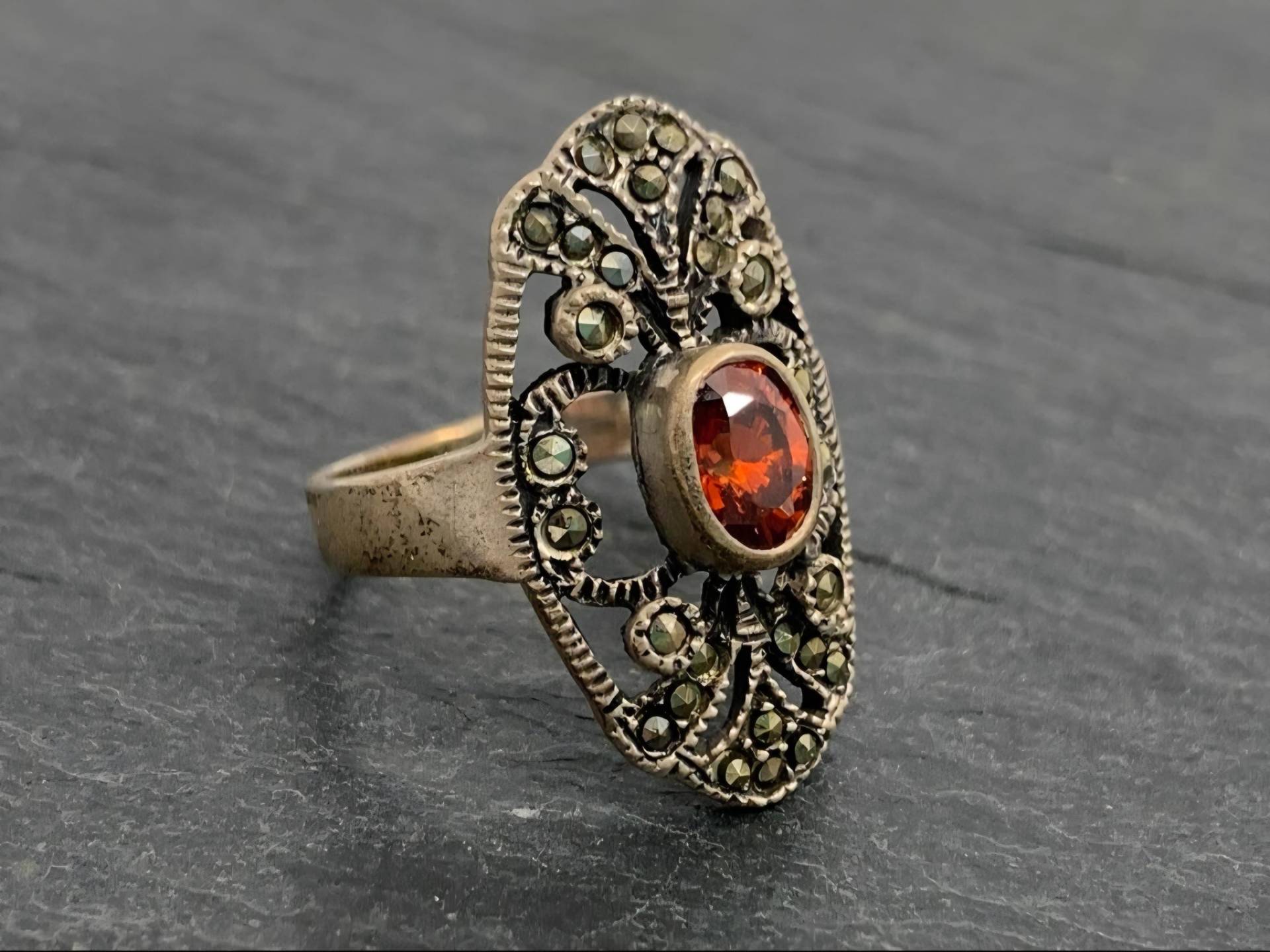 Vintage 925 Silver Ring | Spessartite Garnet & Marcasite Antique Art Deco Statement Heirloom Gift From Grandma Vintage 925 Silver Ring | Spessartite Garnet & Marcasite Antique Art Deco Statement Heirloom Gift From Grandma von GemAntica