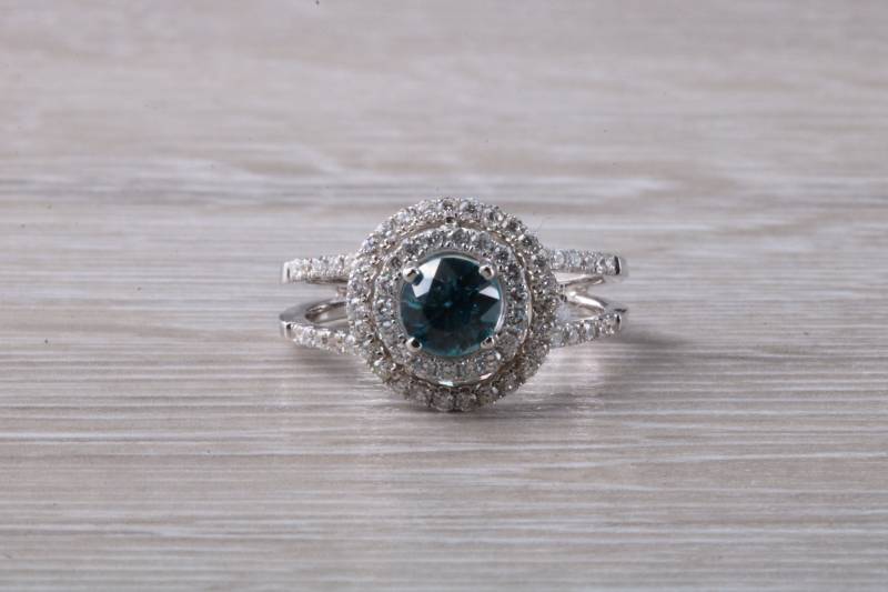 Blauer Zirkon Und Diamant Double Halo Set Ring von GemArtsCo