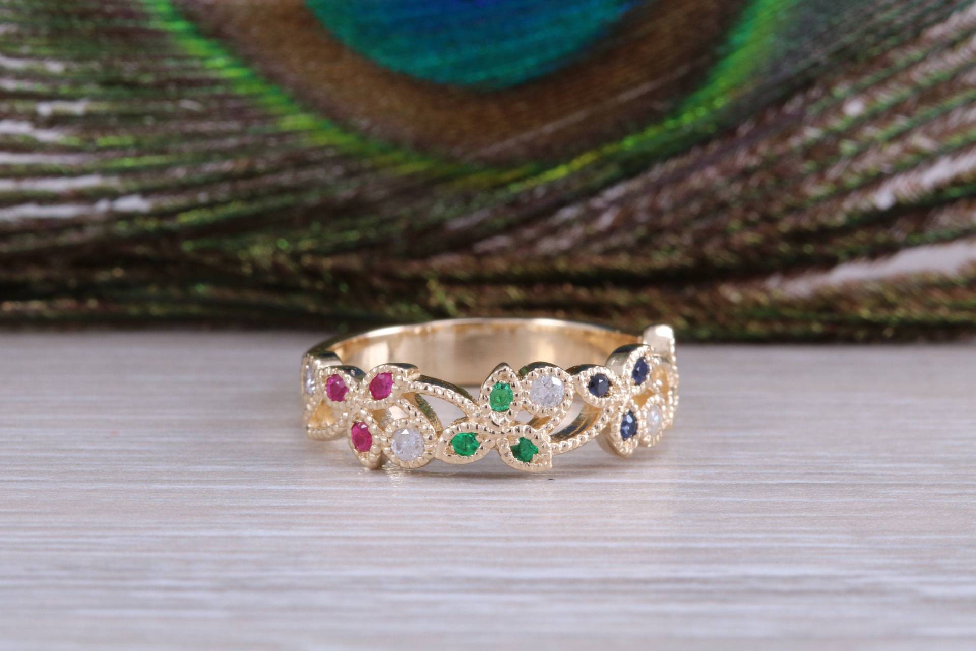 Multi Edelstein Floral Design Gelbgold Ring von GemArtsCo