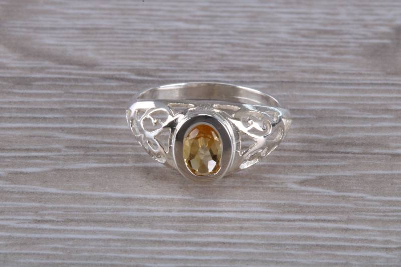 Oval Geschliffenes Citrin Set Silberring von GemArtsCo