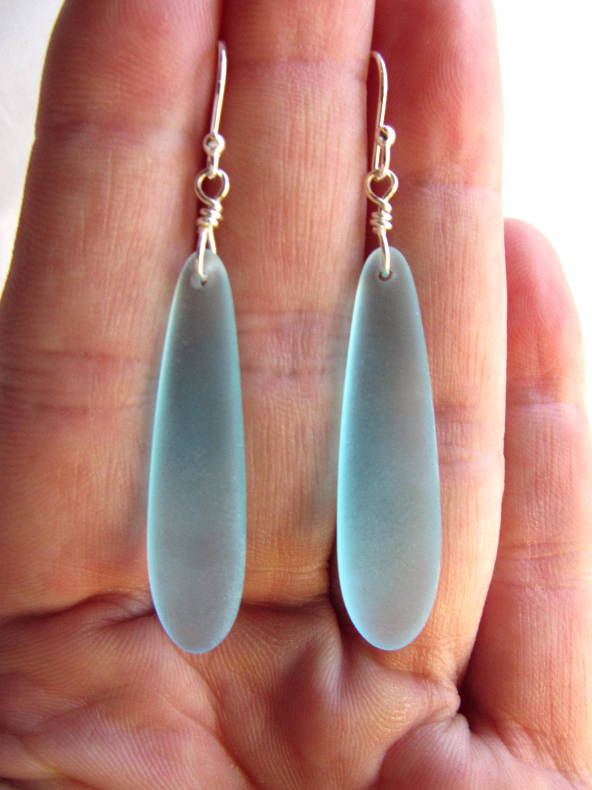 Seeglas-Ohrringe Handgemachte Sterling Silber Ohrhaken 2 1/4 "Dangle Frosted Glass Jewelry von GemBeadSales