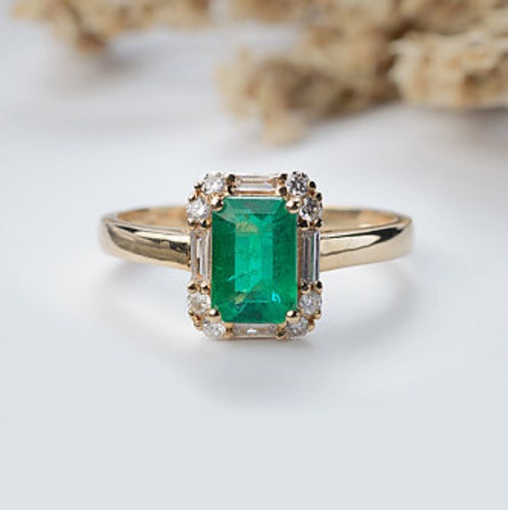 Natürlicher Smaragd Diamant Verlobungsring Smaragdschliff Heiligenschein Ehering Art Deco Brautring Frauen Zierliche Zeremonie Ring von GemCARAT