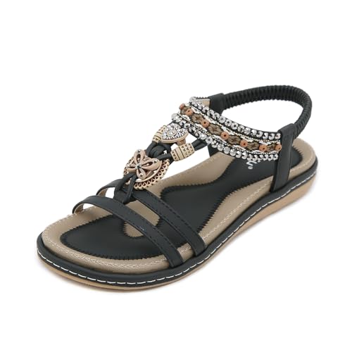 GemChve Flach Sandalen Damen Sommer mit Weiches Fussbett Freizeit Sandalette Bohemia Sandals Strand Schuhe Black 38 EU von GemChve
