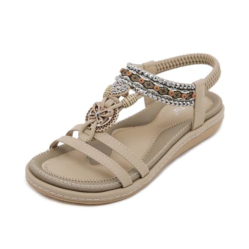 GemChve Flach Sandalen Damen Sommer mit Weiches Fussbett Freizeit Sandalette Bohemia Sandals Strand Schuhe Lightbrown 39 EU von GemChve