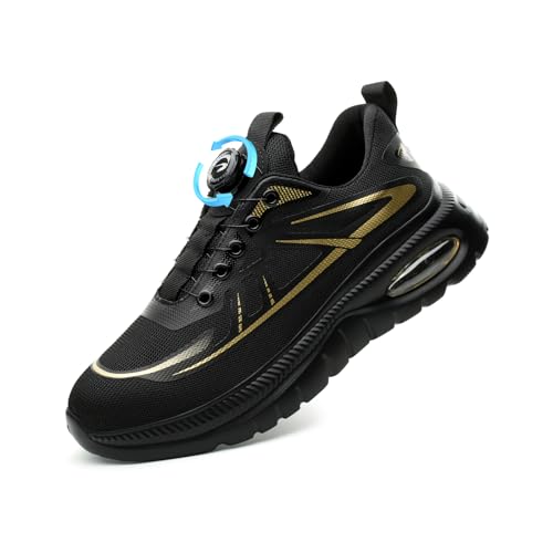 GemChve Sicherheitsschuhe Herren Arbeitsschuhe Damen Leicht rutschfeste Luftkissen Stahlkappenschuhe mit Drehverschluss Black 44EU von GemChve