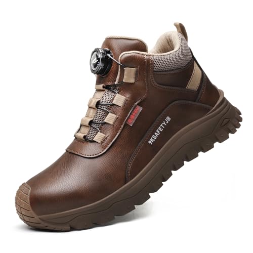 GemChve Sicherheitsschuhe Herren S3,Arbeitsschuhe Herren Wasserdicht und Staubdicht Leder Schuhe Damen mit Drehverschluss Drehknopf Anti-Smash und Anti-Punktur Braun42 EU von GemChve