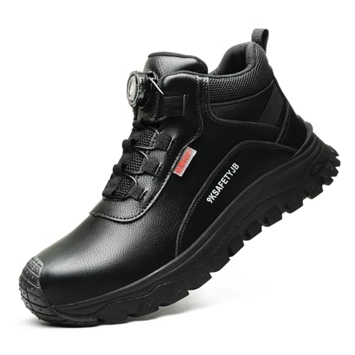 GemChve Sicherheitsschuhe Herren S3,Arbeitsschuhe Herren Wasserdicht und Staubdicht Leder Schuhe Damen mit Drehverschluss Drehknopf Anti-Smash und Anti-Punktur Schwarz43 EU von GemChve