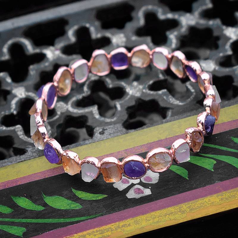 Multistein Armreif Regenbogen Mondstein + Amethyst & Citrin Armband Rohstein Geschenke Für Sie Edelstein von GemFormingStudio