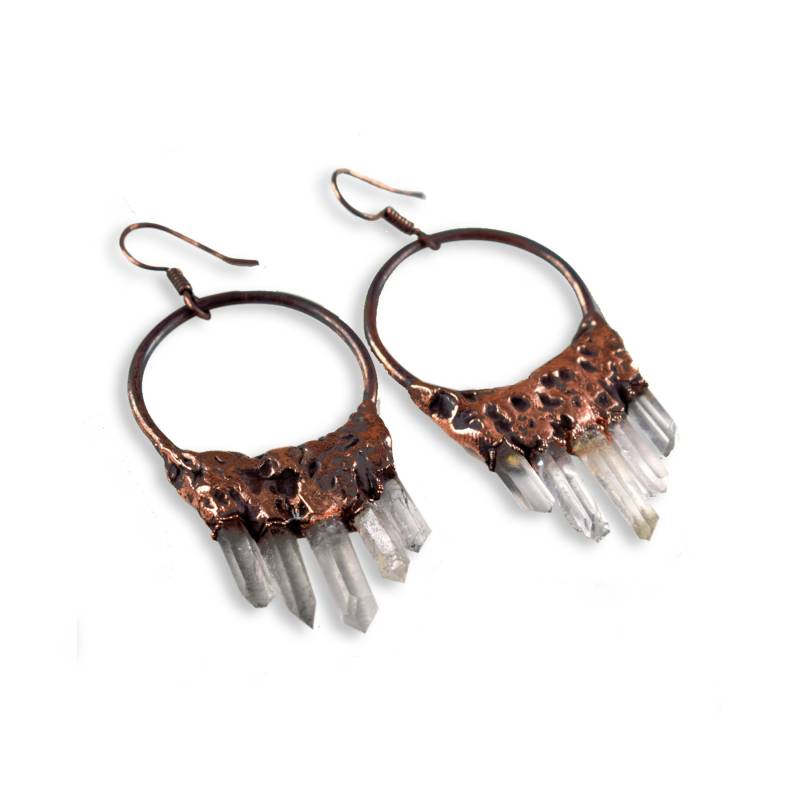 Große Kristall Quarz Tropfen Ohrringe Messingohrring Oxidierte Ohrring Bleistift Boho Baumeln von GemFormingStudio