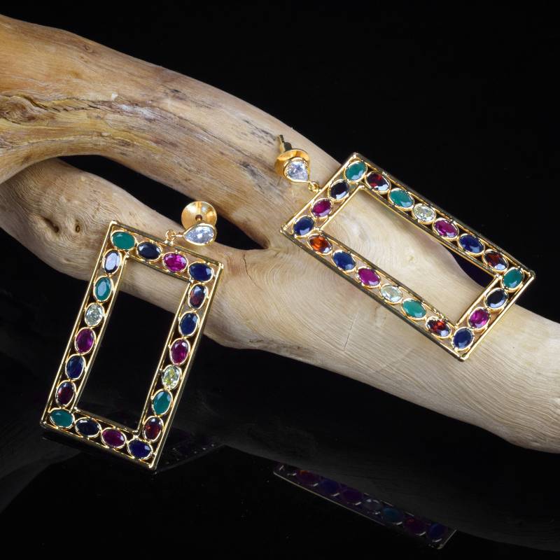 Multi Edelstein Ohrringe Große Design Boho Rechteckige Geschenk Für Sie von GemFormingStudio
