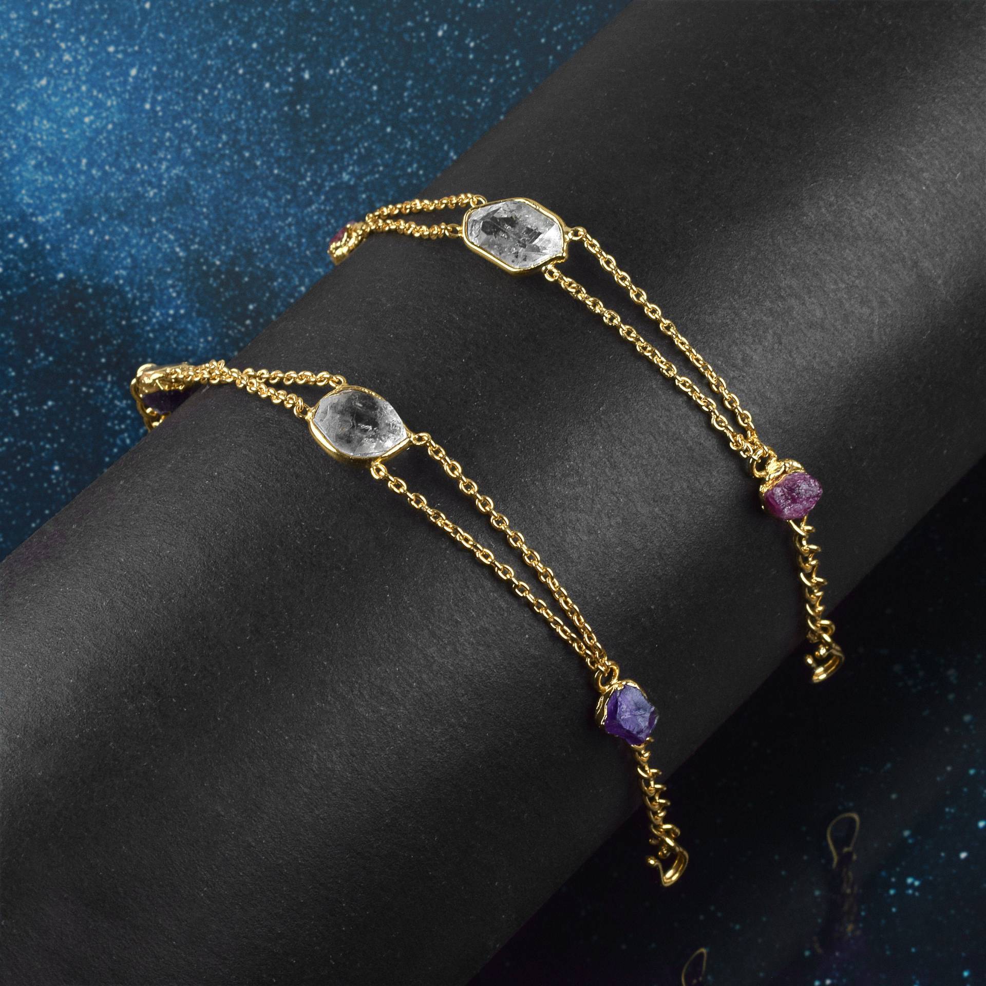 Natürlicher Herkimer Diamant & Amethyst Armband | Turmalin Edelstein Handgefertigtes Kettenarmband Für Frauen Geschenk Sie von GemFormingStudio