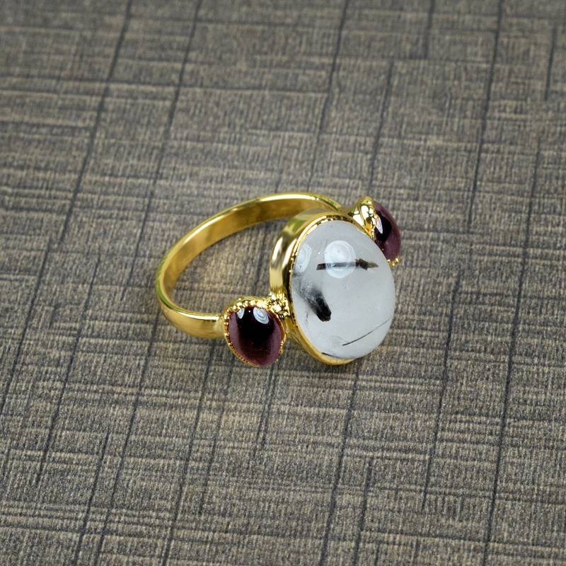 Natürlicher Schwarzer Rutil & Granat Edelstein Ring, Stapelbarer Messing Multi Stein Geschenk Schmuck, Jahrestag Boho Ring von GemFormingStudio