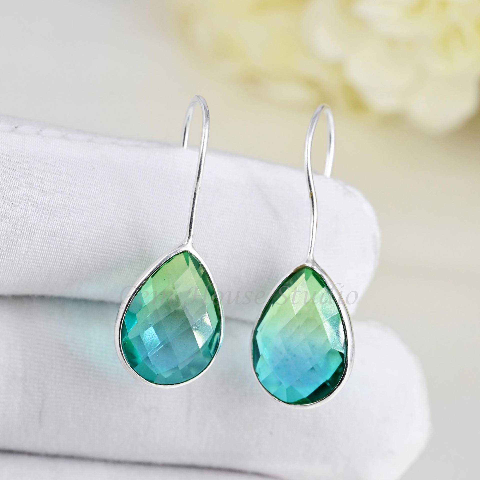 sterling Silber Wassermelonen-Turmalin Ohrringe Tropfen Pear Briolette von GemHouseStudio
