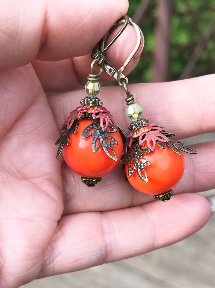 Orange Boho Ohrringe, Herbstfarben, Herbst Baumeln Blätter Handgemachter Schmuck, Geschenkideen Für Sie, Frauen von GemInAShell