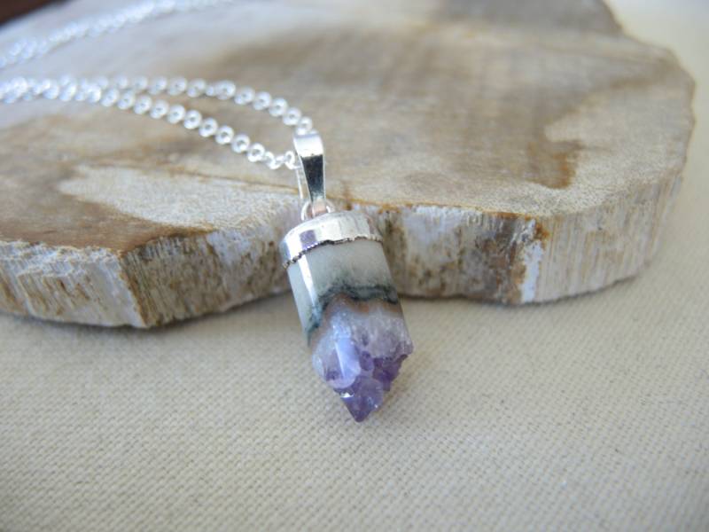 Amethyst Druzy Zylinder Anhänger Halskette, Sterling Silber Kette, Februar Geburtsstein von GemJewelrybyHWestNY