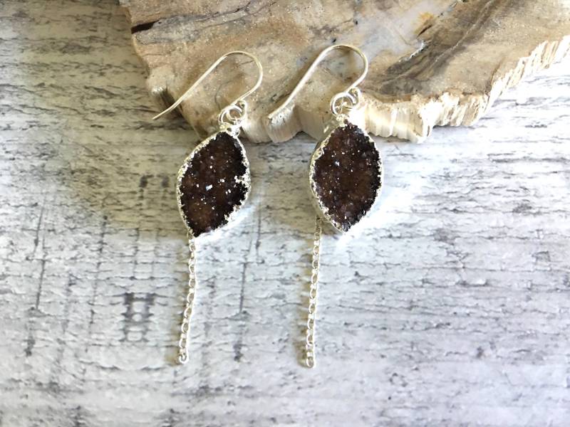 Druzy Ohrringe Jaspis Quarz Blatt Form Braun, Sterling Silber, Geschenke Für Sie von GemJewelrybyHWestNY