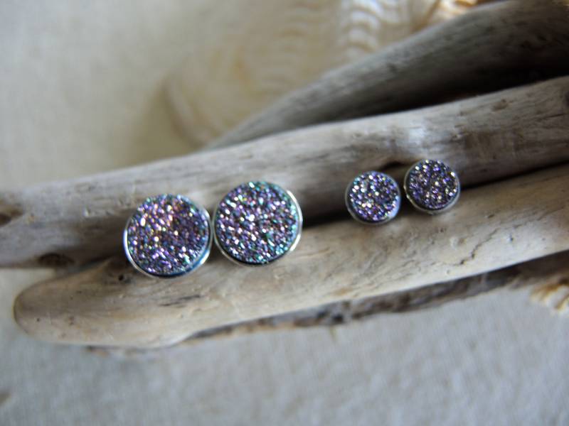 Pfau Druzy Ohrstecker Sterlingsilber Bezel Ohrstecker, Chalcedon Titanbeschichtet Rund 6 Mm & 10 von GemJewelrybyHWestNY