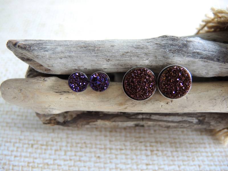 Pflaume Druzy Ohrstecker Sterlingsilber Bezel Ohrstecker, Chalcedon Titanbeschichtet Rund 6 Mm & 10 von GemJewelrybyHWestNY