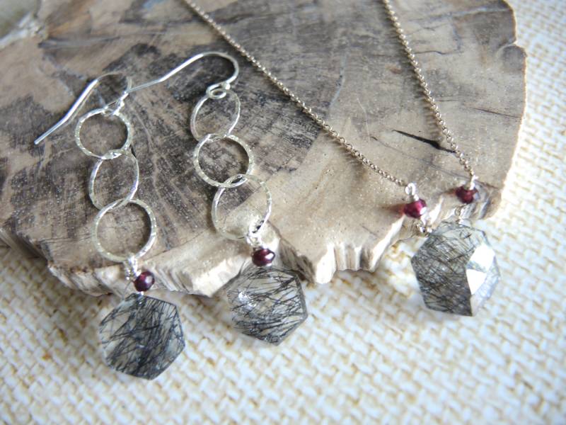 Schwarze Rutilquarz Kette & Ohrringe Silber 925, Schmucksets, Granat von GemJewelrybyHWestNY