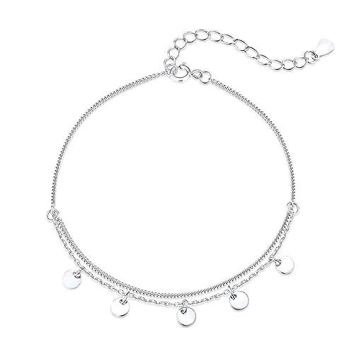 GemKing DY150029-S-W-NA Fashion Double Layer Anklet Geometric Round Tassel Chain Bracelet 925 Sterling Silver Dainty Coin Foot Jewelry von GemKing