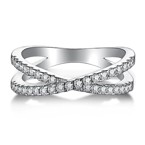 GemKing TL120194-S-W-WH-7 Fashion Solid Ring for Women Cross X Shape Exquisite Party Cocktail Ring Zirconia Micro Paved Silver Jewelry von GemKing