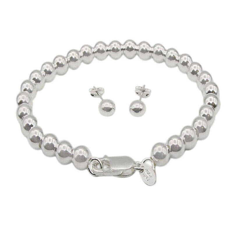 6-mm-Perlenarmband Mit 6-mm-Bolzen Handgemachtes Massives 925Er Sterlingsilber-Armband - Und Ohrring-Set Größe 7 "Oder 8" Bc-6." von GemKollect