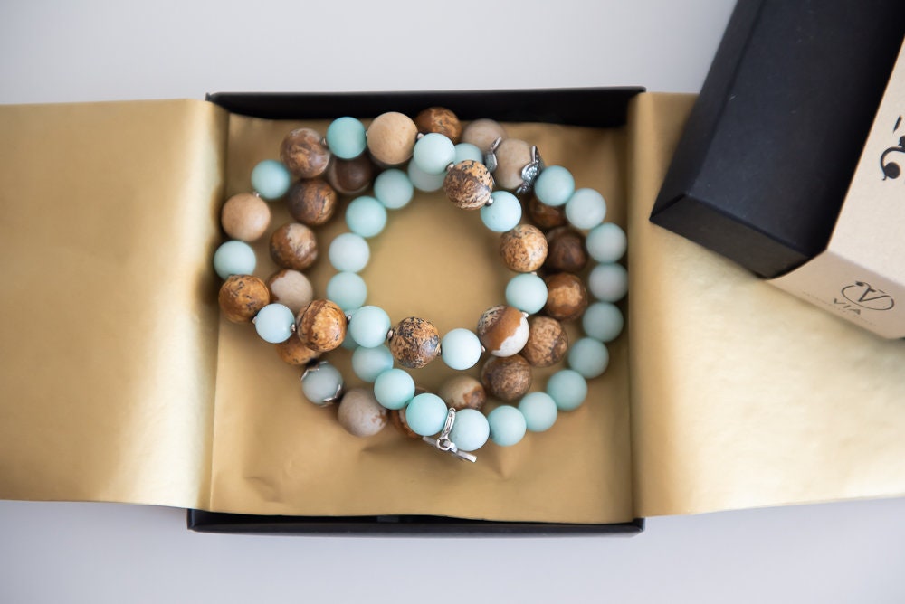 Jade Und Bilder Jaspis Armband Set, Perlen Heilstein Schmuck von GemLocket