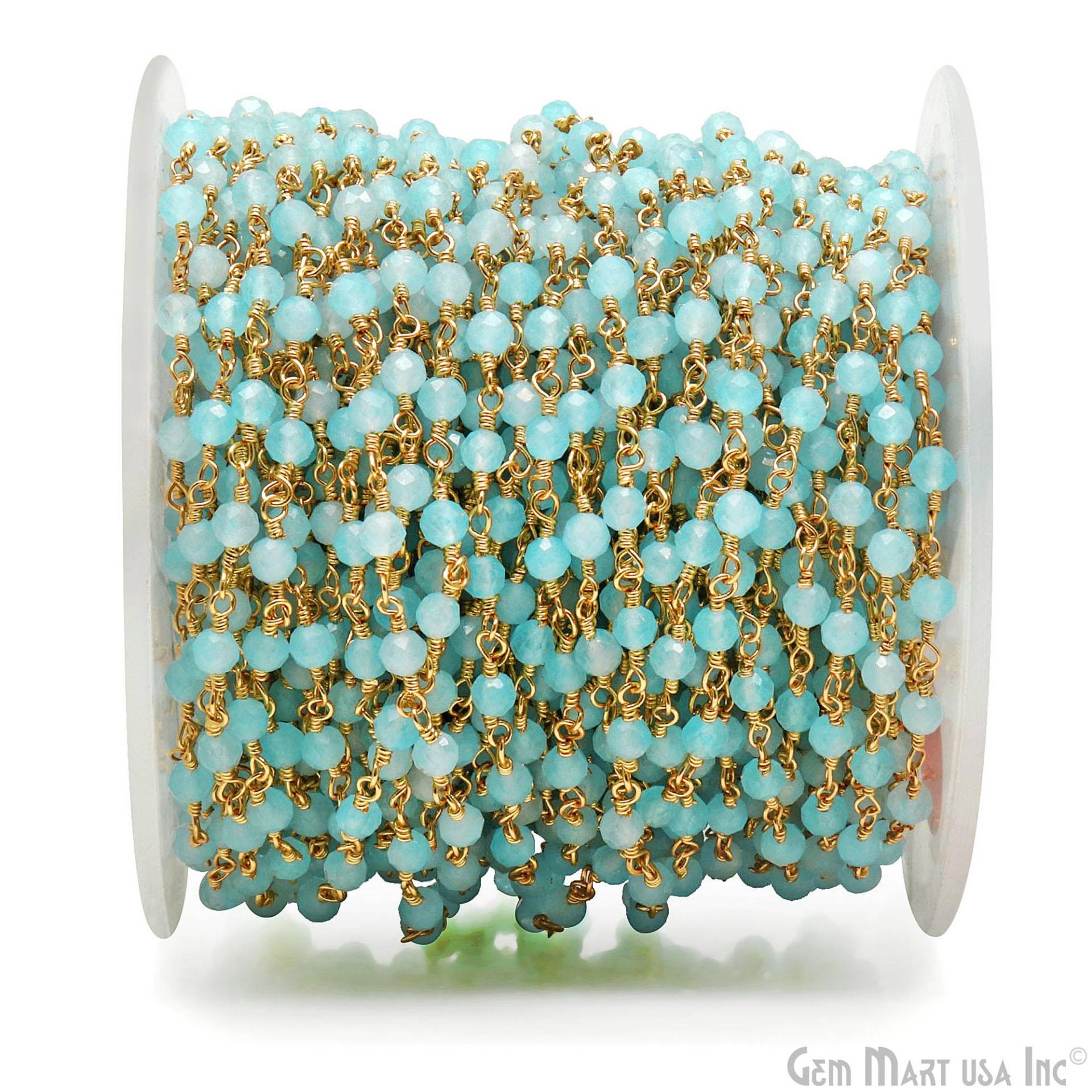 Aqua Chalcedon, 3-3.5 Mm Rosenkranz Perlenkette, Vergoldet, Silber Oder Rotguss Handgemachte Gliederkette, Schmuckherstellung Lieferungen von GemMartUSA