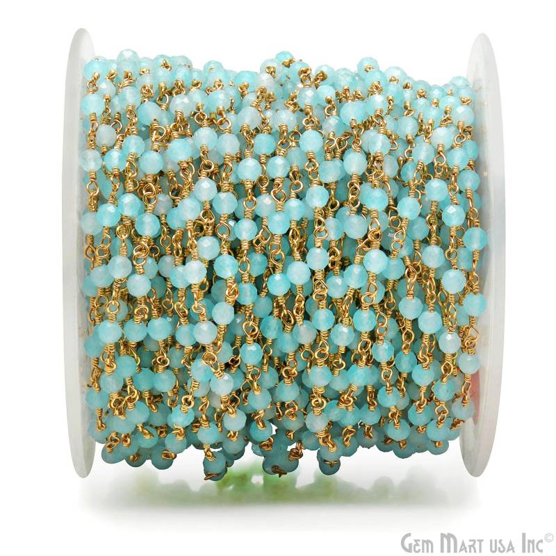 Aqua Chalcedon, 3-3.5 Mm Rosenkranz Perlenkette, Vergoldet, Silber Oder Rotguss Handgemachte Gliederkette, Schmuckherstellung Lieferungen von GemMartUSA