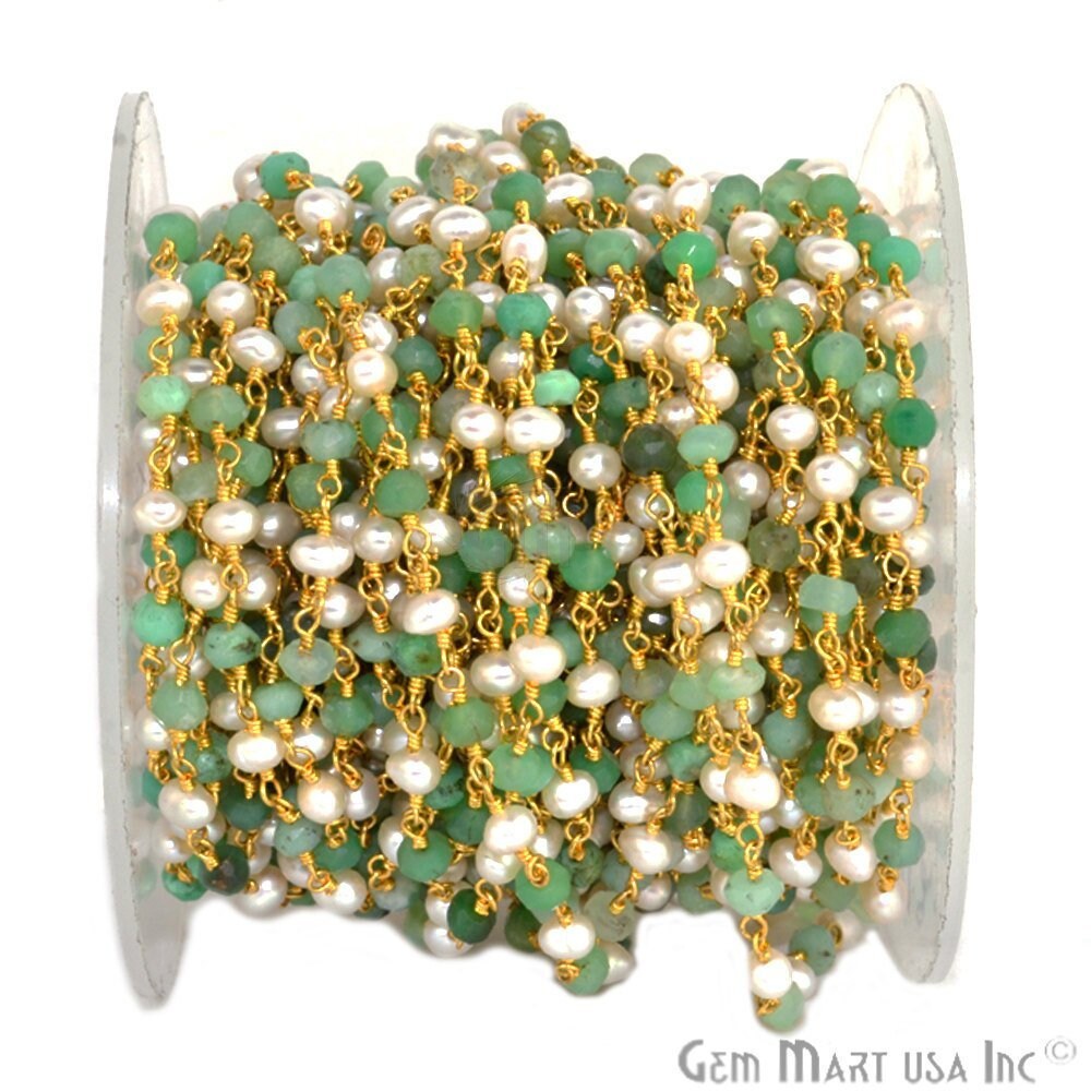 Chrysopras, Süßwasserperle 3-3.5 Mm, Rosenkranzkette, Vergoldet, Silber Oder Rotguss Wire Wrapped Gliederkette, Schmuckzubehör | 30002 von GemMartUSA