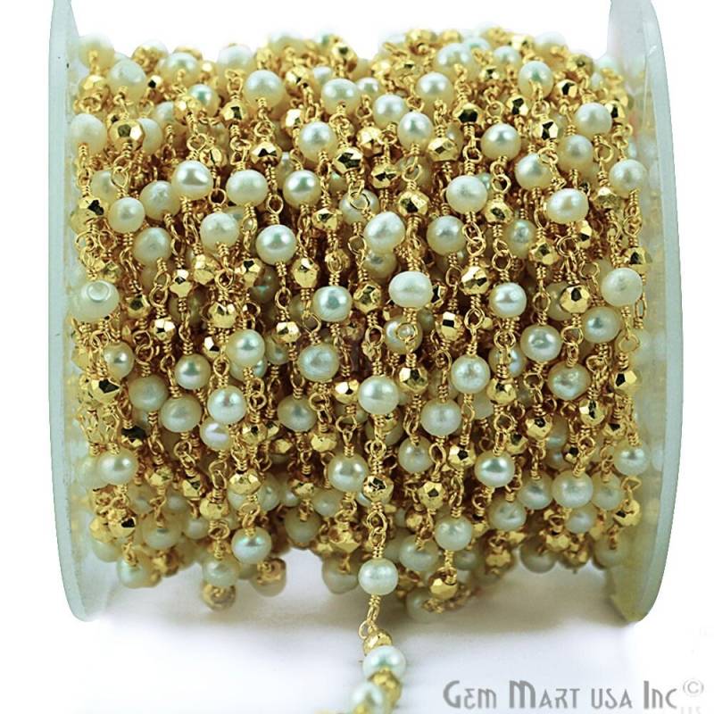 Ein Fuß Goldener Pyrit Mit Süßwasserperle, 3-3, 5 Mm Perlen 24 Karat Vergoldete Draht Gewickelt Rosenkranz Kette Für Die Herstellung Von Schmuck von GemMartUSA